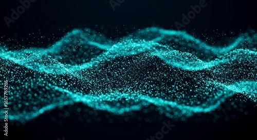 Abstract glowing teal particles flowing like waves on a dark background, a stunning visual representation of digital energy and movement