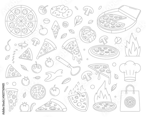 Delicious pizza and ingredients doodle art collection