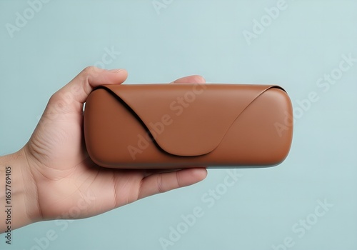 Hand holding a closed brown leather glasses case with a subtle clasp against a soft blue background