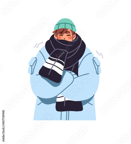 Sad frozen boy in winter clothes shivers from cold weather. Freeze man in outerwear shakes from low temperature. Person with hat, scarf quakes from frost. Flat isolated vector illustration on white.