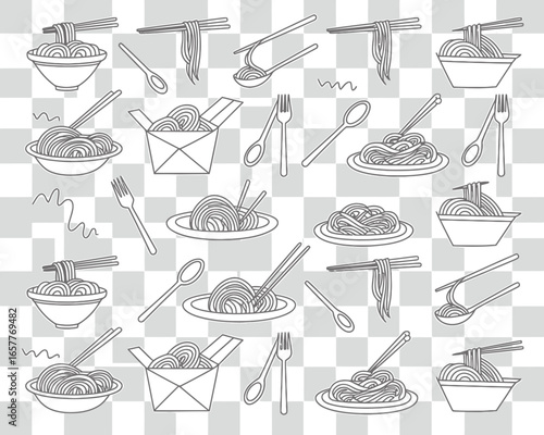 Noodle pattern with chopsticks bowls spoons and forks