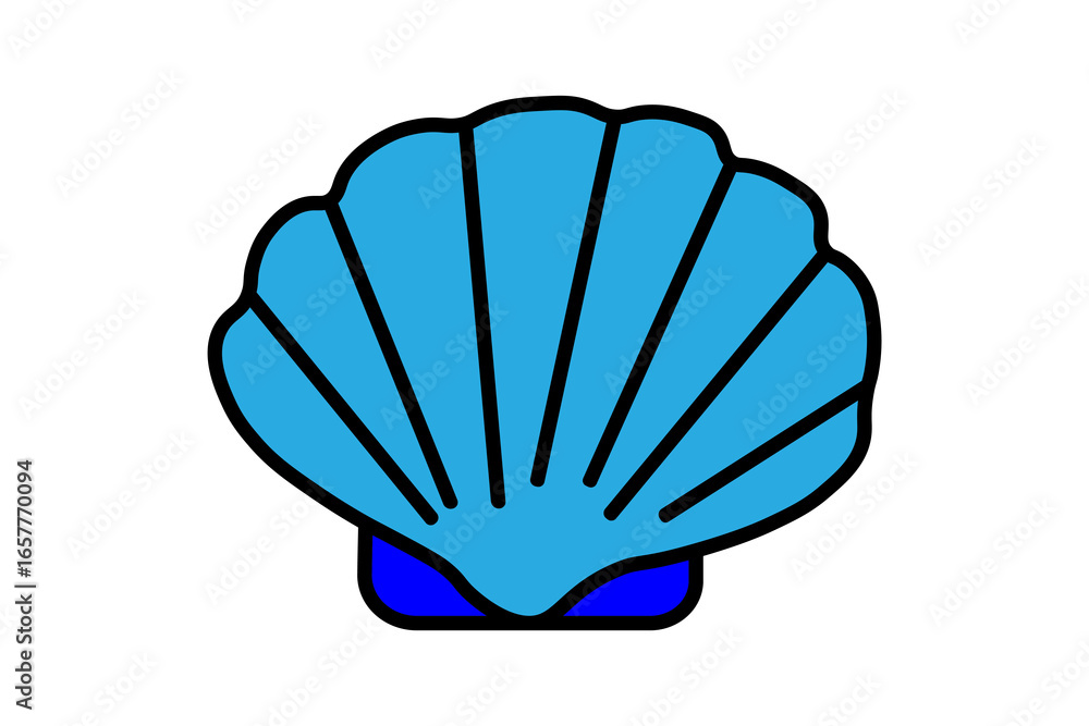 Fototapeta premium The image shows a simple illustration of a seashell. The shell is light blue with black outlines and vertical lines that emphasize its ridges.