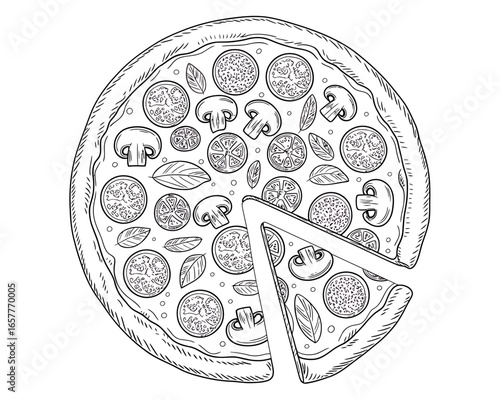 Hand drawn pizza with mushrooms tomatoes and basil