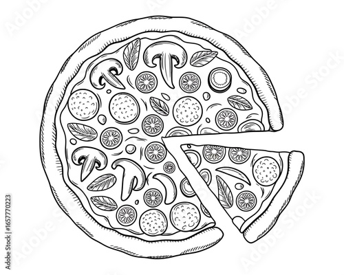 Hand drawn sketch of a delicious mushroom and tomato pizza slice