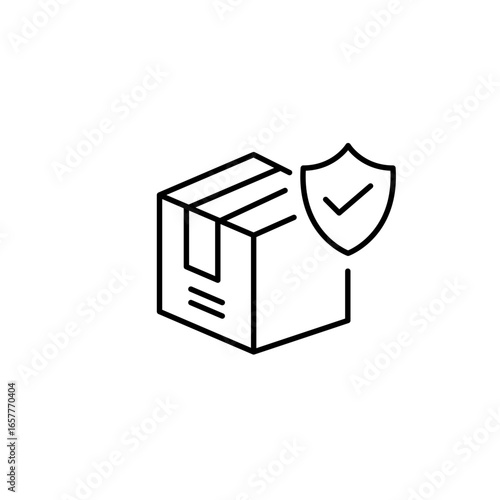 Certified logistics, safe delivery process, authenticated sender. Package box, shield and checkmark. Pixel perfect, editable stroke vector icon
