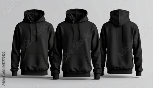 Three black hoodies displayed against a neutral background, showcasing the front, side, and back views.