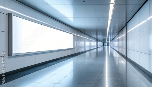 A long, modern hallway with a large blank advertising display, bright lighting.