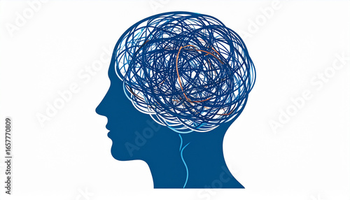 A blue silhouette of a head with a complex, swirling pattern inside, representing thoughts.