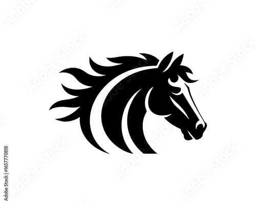 Stylized black horse head silhouette with flowing mane