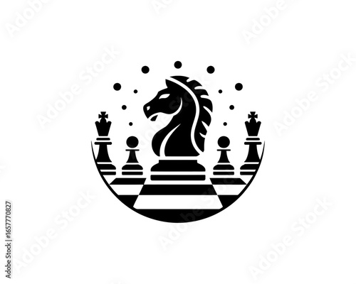 Chess knight and pawns emblem with bubbles