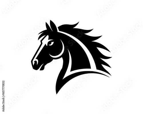 Stylized black horse head silhouette with flowing mane