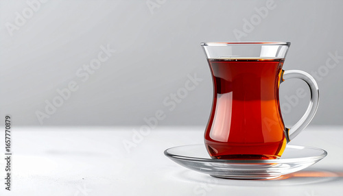 A close-up shot of a traditional Turkish tea glass filled with dark tea, sitting on a saucer.