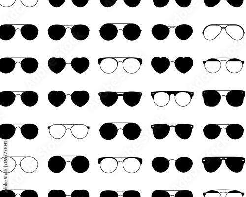 A variety of sunglasses and eyeglasses in a repeating pattern