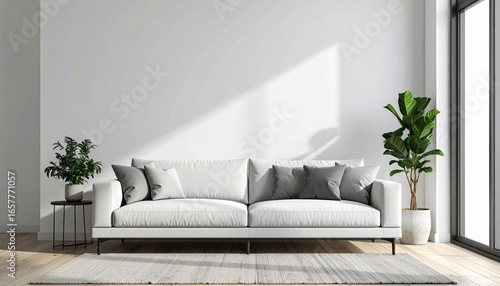 A modern living room featuring a white sofa, plants, and natural light.