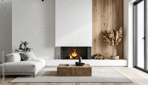 Modern living room with fireplace, wooden accents, and natural light, creating a cozy atmosphere.