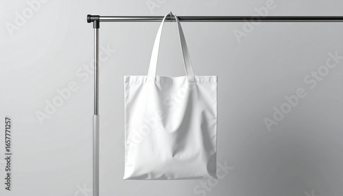A white tote bag hangs from a metal bar, showcasing its clean design and potential for branding or carrying items.