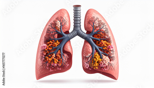 Anatomical illustration of human lungs, showcasing the presence of cancerous tumors and highlighting the impact of disease.