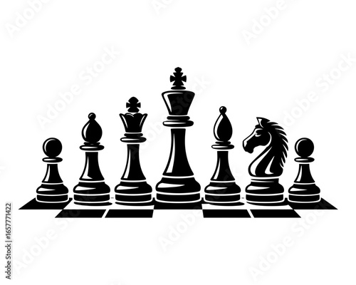 Black and white chess pieces lined up on a chessboard
