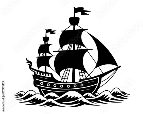 Black silhouette of a majestic sailing ship on wavy seas