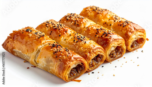Close-up shot of four golden-brown sausage rolls, sprinkled with sesame seeds.