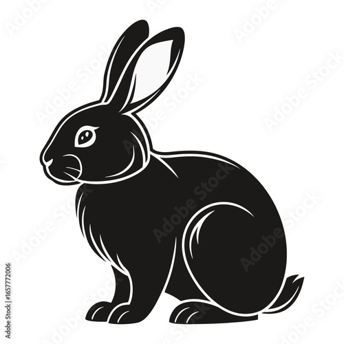 Stylized black rabbit illustration with white accents on a black background