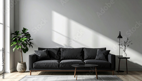 A modern living room featuring a dark gray sofa, plants, and a small table.