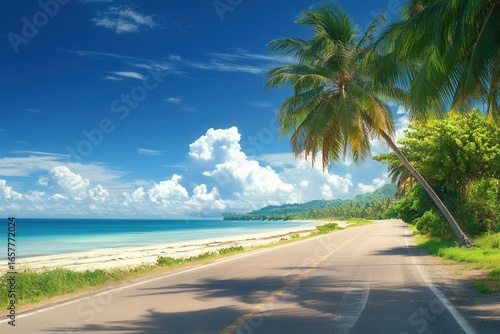 Fototapeta Naklejka Na Ścianę i Meble -  scenery view of tropical view with wide roads and coconut tree beside the beach