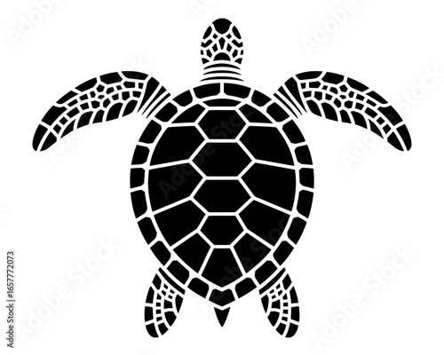 Black silhouette of a sea turtle with detailed shell pattern