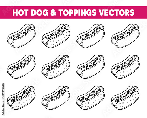 Collection of hot dog illustrations with mustard and relish