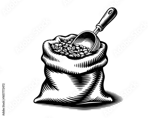 A burlap sack filled with coffee beans and a scoop