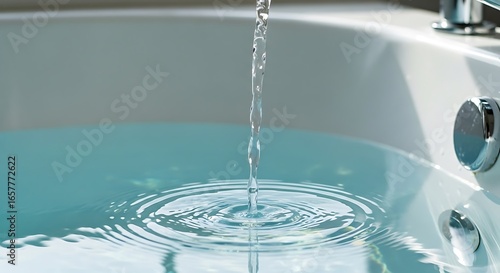 Water filling a bathtub, creating ripples and a sense of cleanliness.