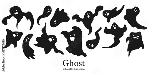 オバケのシルエットイラスト素材セット ベクター モノクロ ハロウィン ゴースト 白背景