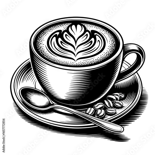 Elegant coffee cup with latte art and coffee beans