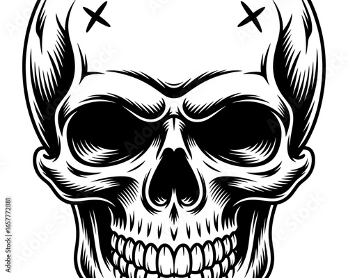 Intricate black and white skull illustration with cross marks
