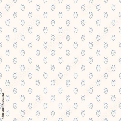Hand drawn strawberry cottage core seamless pattern with a charming whimsical coquette design. Soft blue, pastel, and nostalgic print. Perfect for textiles and romantic vintage-inspired decor.