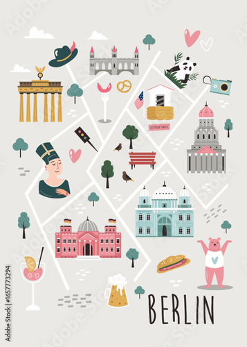 Illustrated map of Berlin with famous symbols, landmarks, buildings. Vector design for tourist books, posters, placards, leaflets, books, souvenirs.