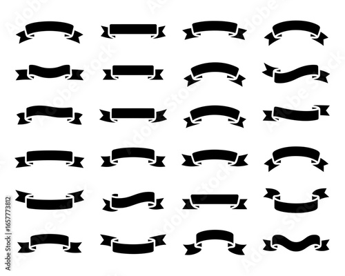 Collection of diverse black ribbon banners on white background