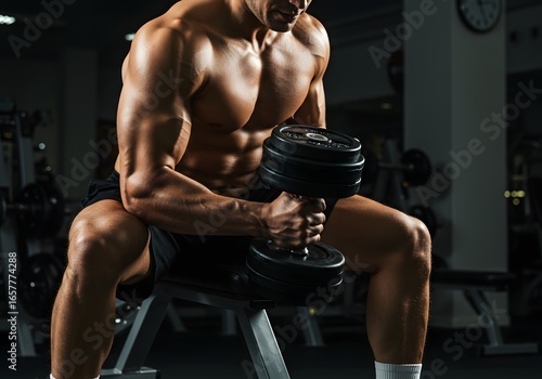 Strong athletic man exercising in the sport gym, workout exercise training in fitness for body strong and fit, bodybuilding and healthy lifestyle people
