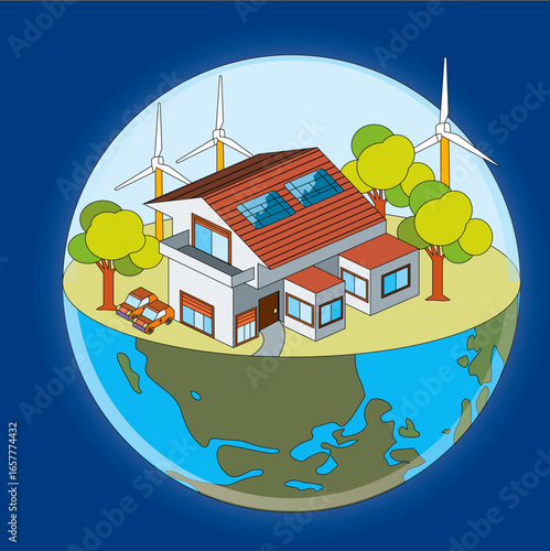 Casa moderna ed ecologica, completamente vettoriale editabile, con pannelli solari e turbine eoliche, esostenibile, natura, idea di energia rinnovabile, tecnologia verde, ambiente pulito, futuro possi