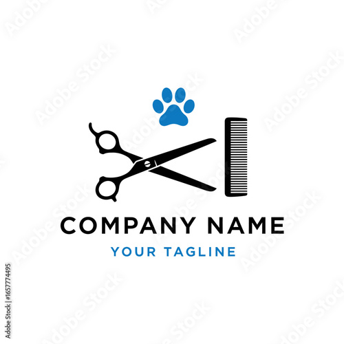 Pet grooming logo design featuring scissors, comb, and paw print.