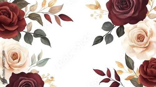 Fototapeta Naklejka Na Ścianę i Meble -  Floral border with burgundy and cream roses and gold accents frame flowers photo