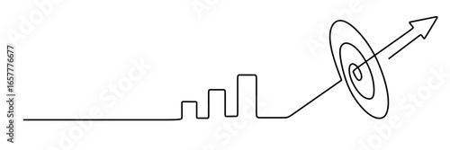 continuous line art of an arrow going straight to the target and through the target with a graphic next to it. focus on the target. succeed according to plan