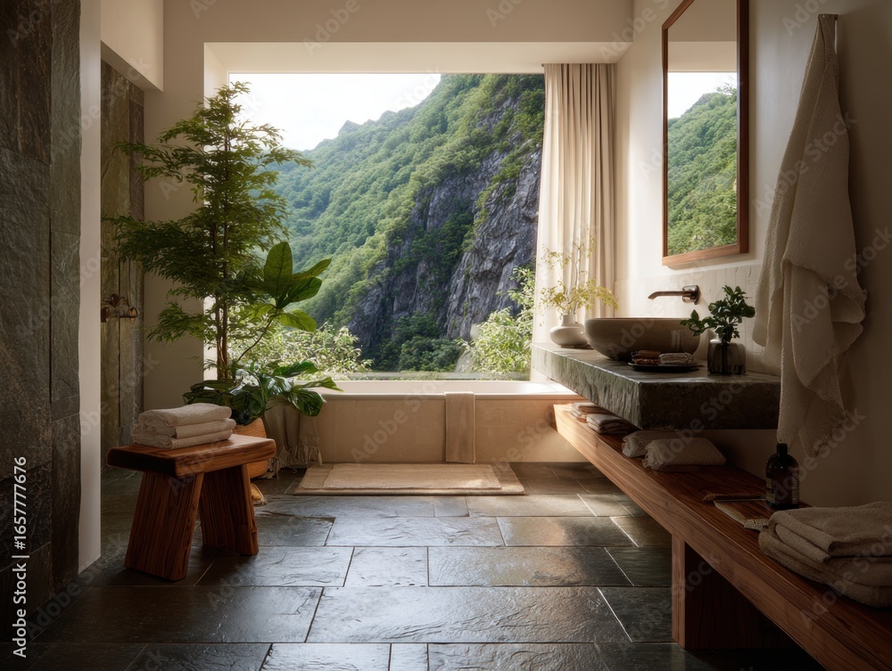 Fototapeta premium A bathroom with a large window overlooking a mountain. A wooden bench is in the room. A sink is on the right side of the room