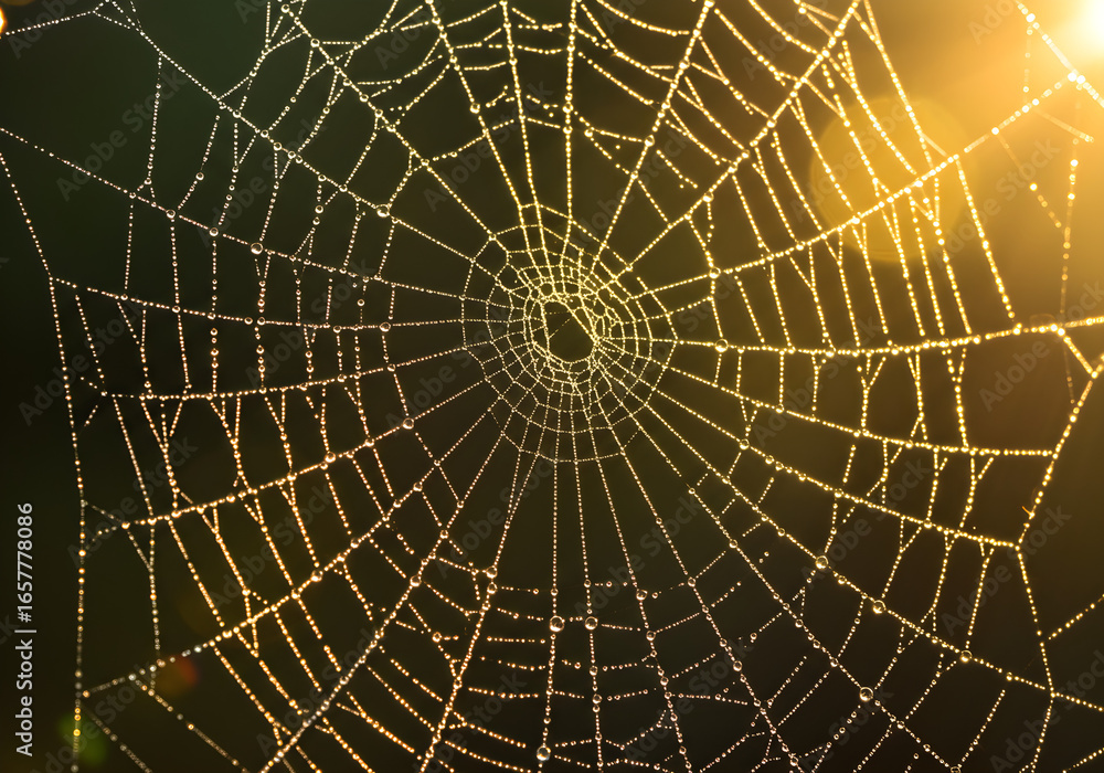 Obraz premium Spiderweb with Water Droplets in Golden Sunlight | Close Up Detail of Intricate Cobweb for Halloween, Nature Photography, and Eerie Visuals