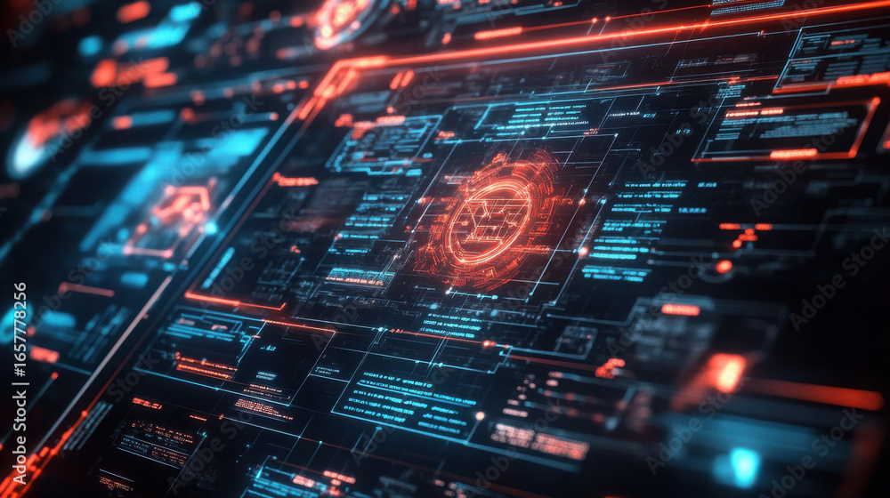 Fototapeta premium A futuristic interface with glowing blue and orange lines and a central circular element display