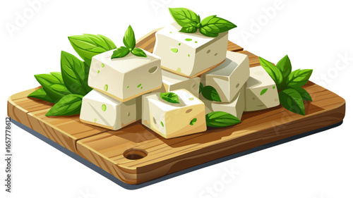 Fresh feta cheese cubes garnished with green herbs and mint leaves on dark wooden cutting board, close up view with selective focus and copy space.