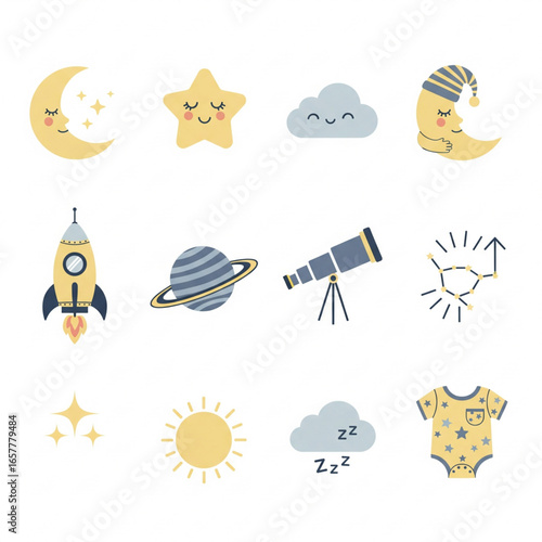 Cute celestial elements floating in space, depicting moon, stars, planets, and rocket for baby nursery decor, creating a whimsical and dreamy atmosphere.