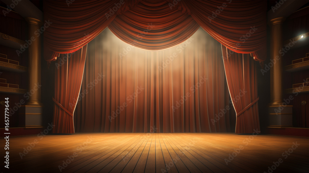 Fototapeta premium Empty theater stage with spotlight and red curtains