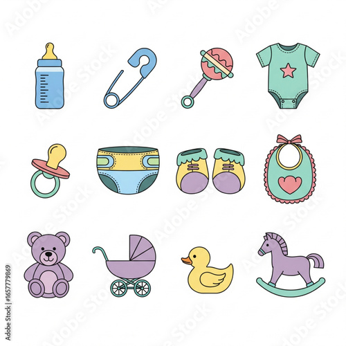 Collection of baby items arranged neatly on a white surface, representing infancy and childhood with soft pastel colors and simple outlines.