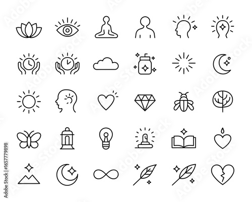 Collection of spiritual and wellness line art icons